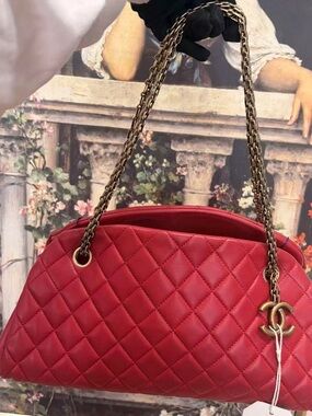 CHANEL Mademoiselle Quilted Red Shoulder Bag with Gold Chain and CC Charm